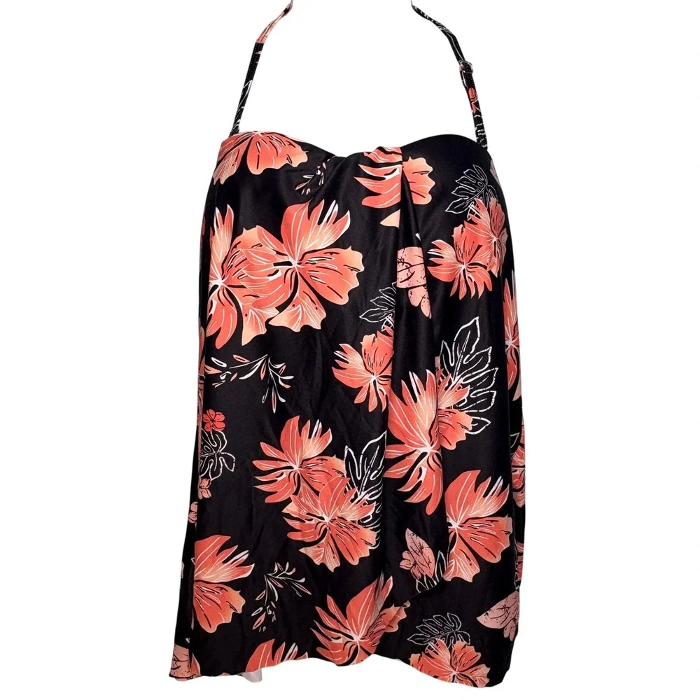 Floral Tankini L Swim‎ Top Halter Neck Black Coral Pink Hawaiian Tropical Swim